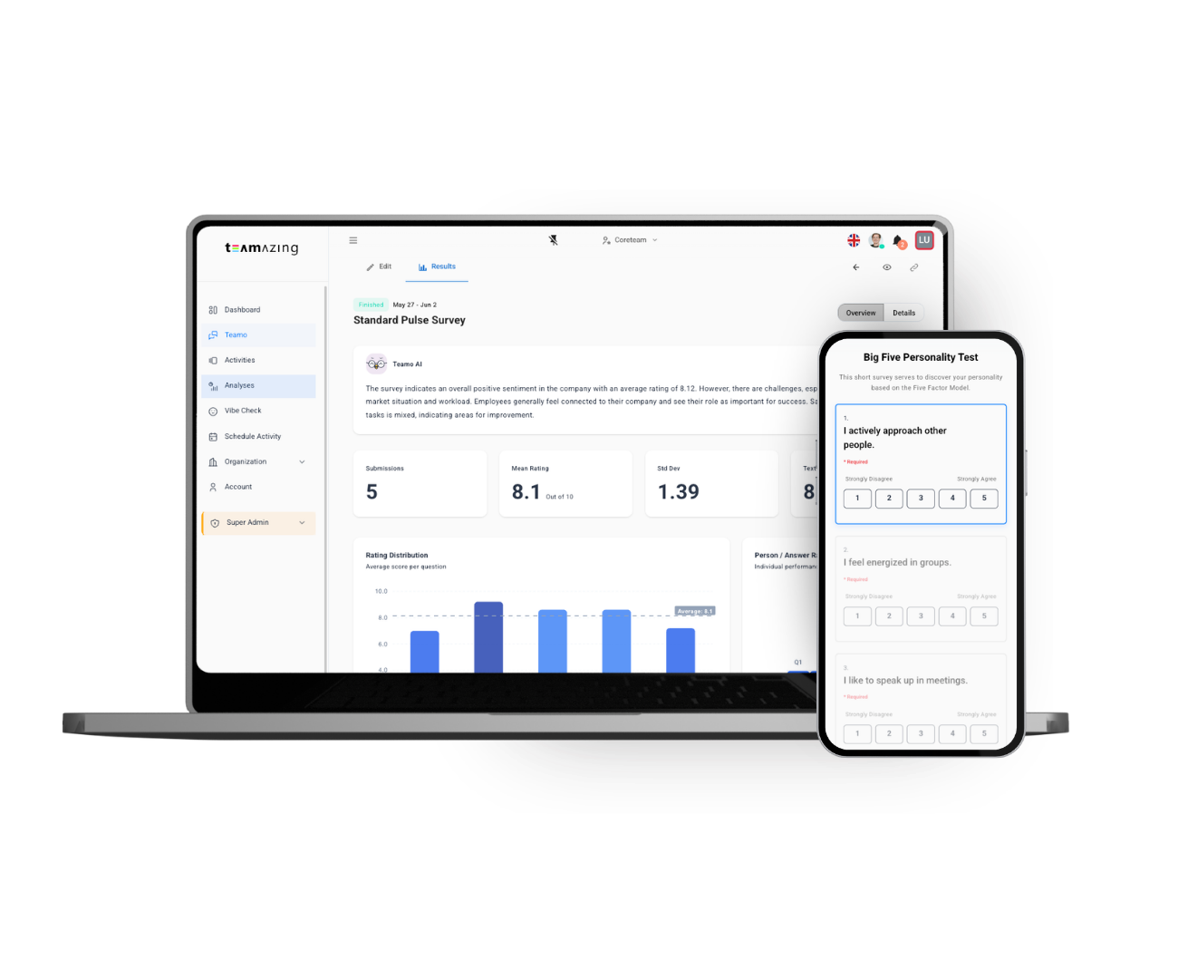 Teamo analysis platform showing survey results on laptop and mobile